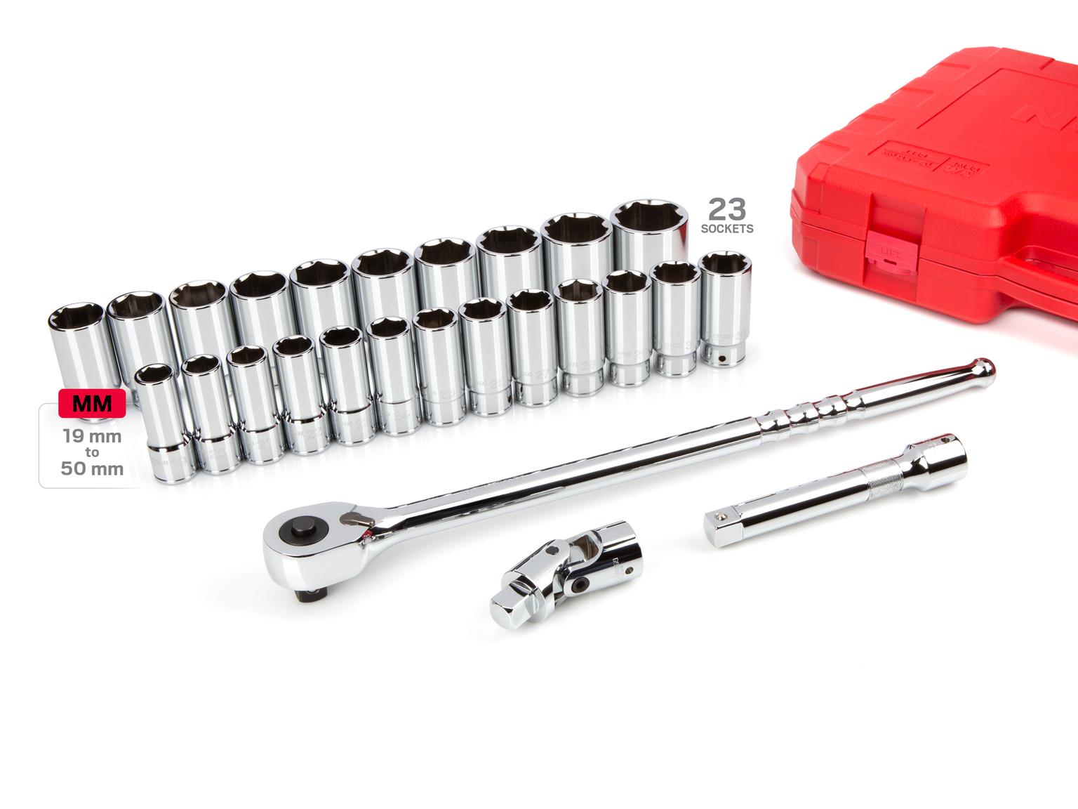 TEKTON SKT35206-T 3/4 Inch Drive Deep 6-Point Socket and Ratchet Set, 26-Piece (19-50 mm)