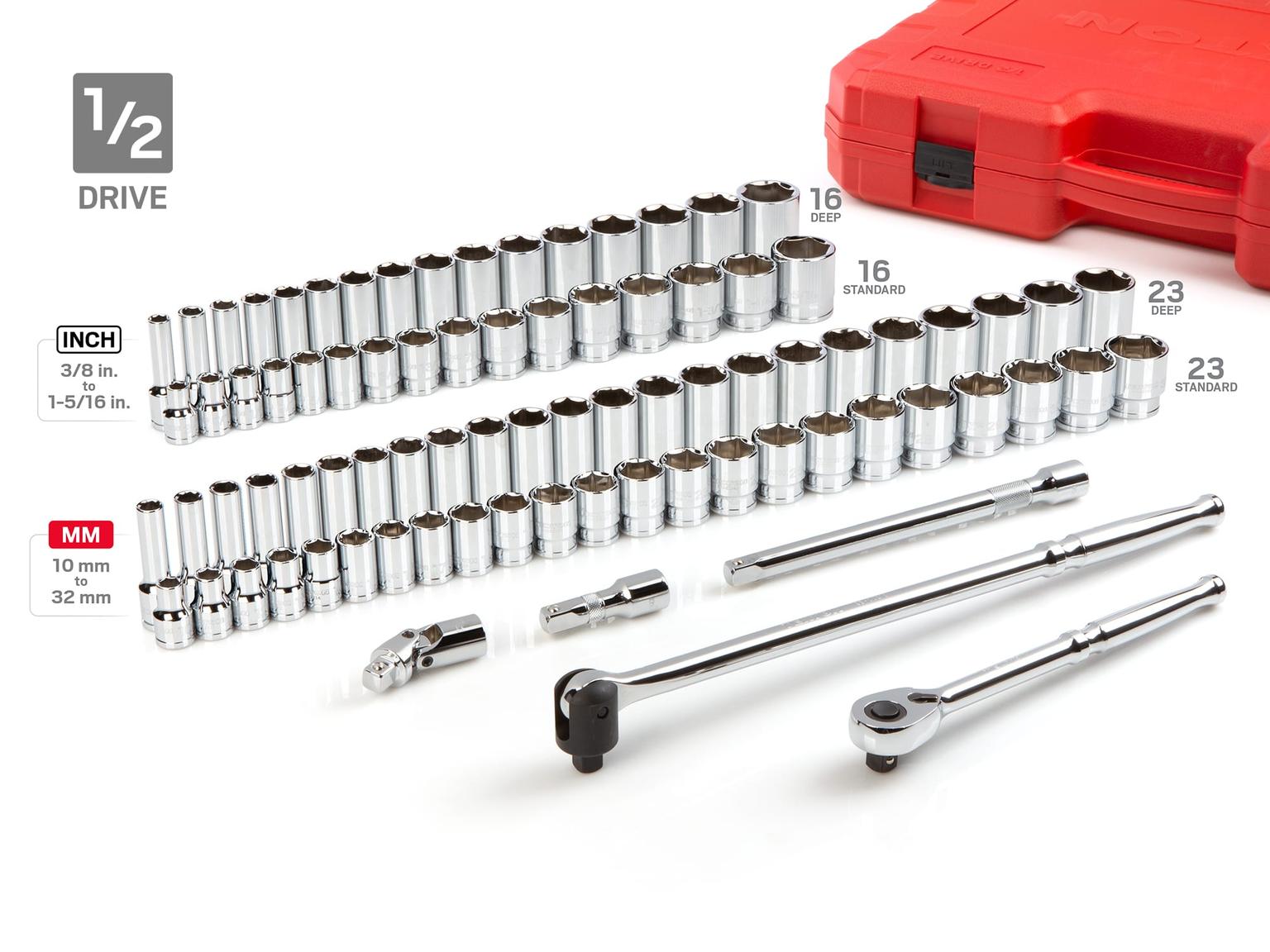 TEKTON SKT95304-T 1/4, 3/8, 1/2 Inch Drive 6-Point Socket and Ratchet Set (212-Piece)