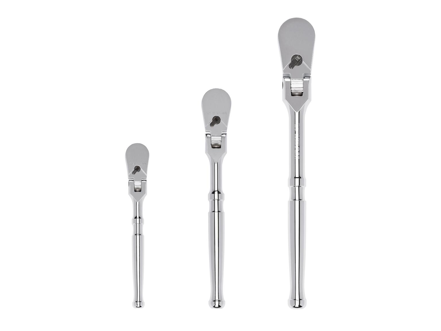 1/4, 3/8, 1/2 Inch Drive Flex Head Ratchet Set (3-Piece)