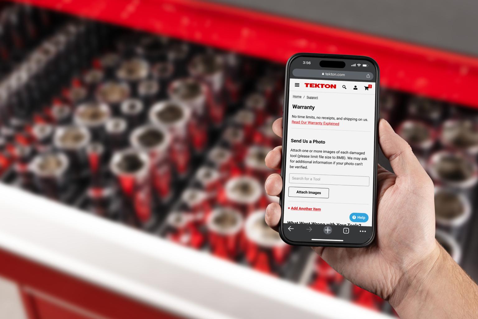 Person accessing Tekton's warranty page on their mobile device