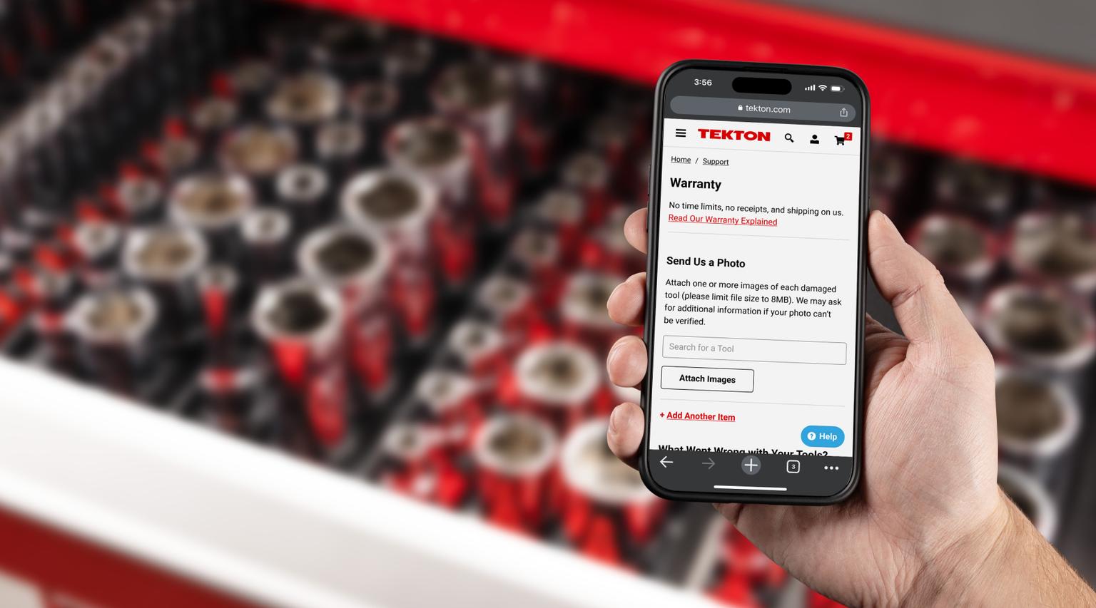 Tekton Warranty form on phone in front of a drawer of sockets