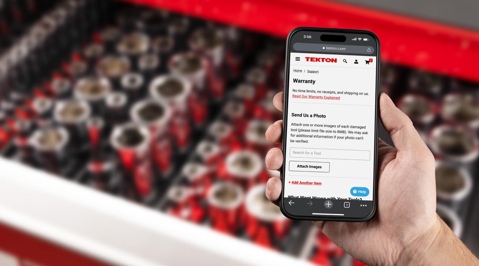 Tekton Warranty form on phone in front of a drawer of sockets